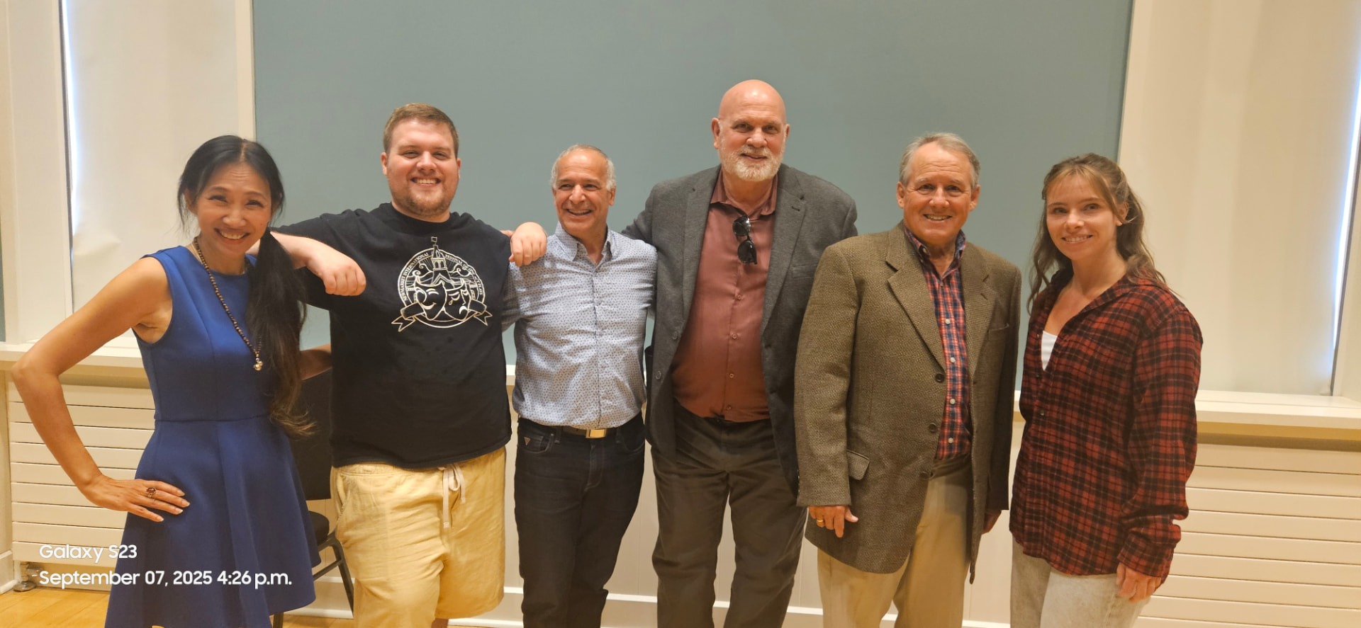 Warren — Gideon Heath with the cast of the first production of one of his plays, Newmarket, 2025. Left to right: Samantha Lai, director Aaron Clapperton, Fabian Levy-Hara, Gideon Heath (writer), John Sellens and Monica Horsburgh.