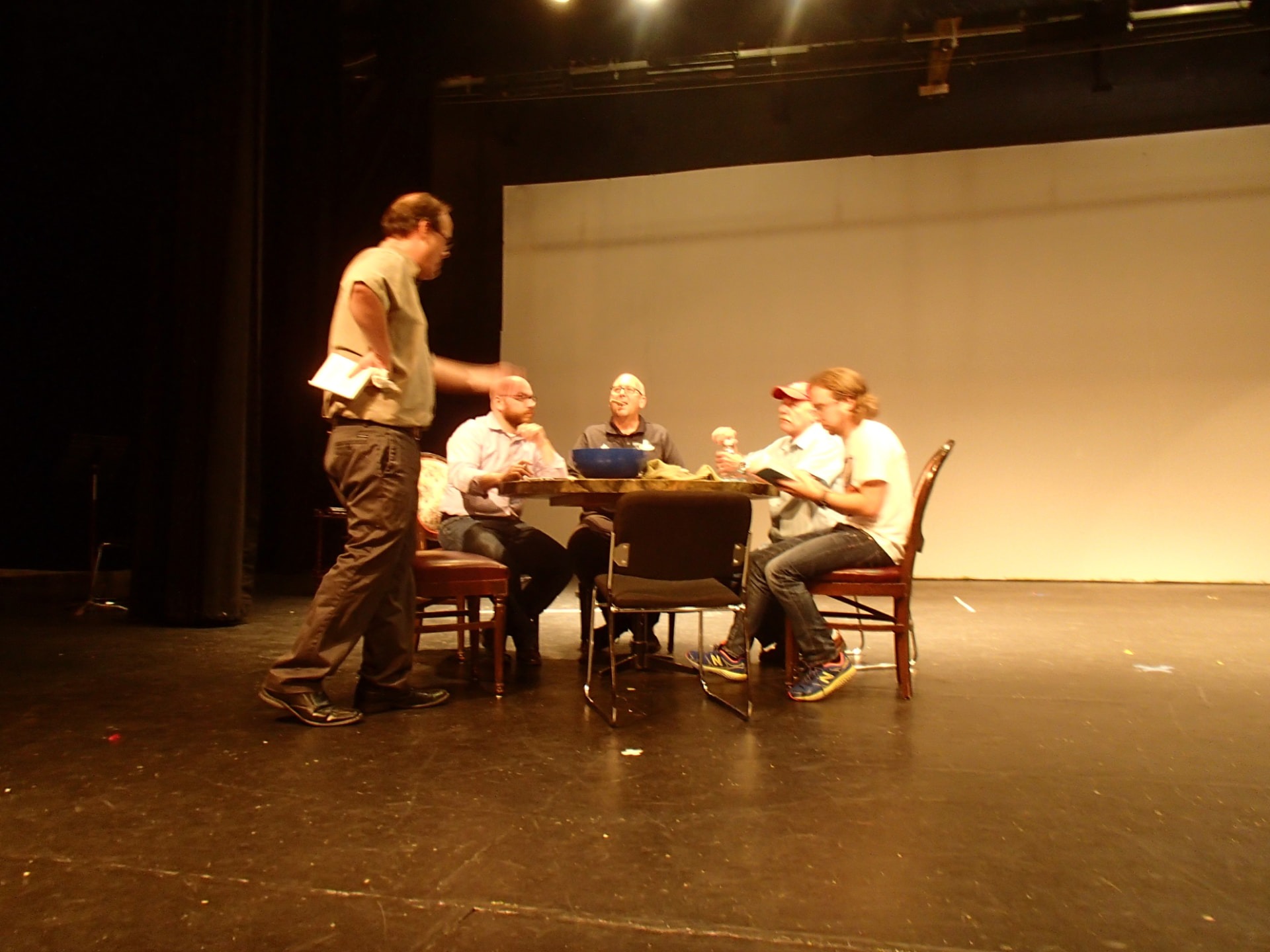 The Odd Couple — director Geoffrey Coulter and cast during rehearsal, Oshawa Little Theatre, 2014