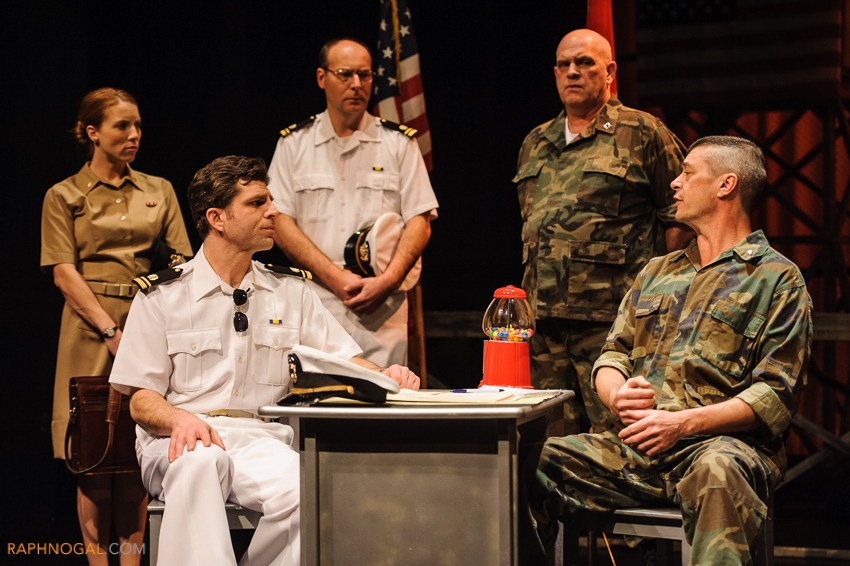 A Few Good Men — Gideon Heath (credited as Bill Baker), Producer, filling in as Markinson during final dress rehearsal, with Amanda Smith, James Burrell, Will van der Zyl and Craig Martin, Oshawa Little Theatre, 2013