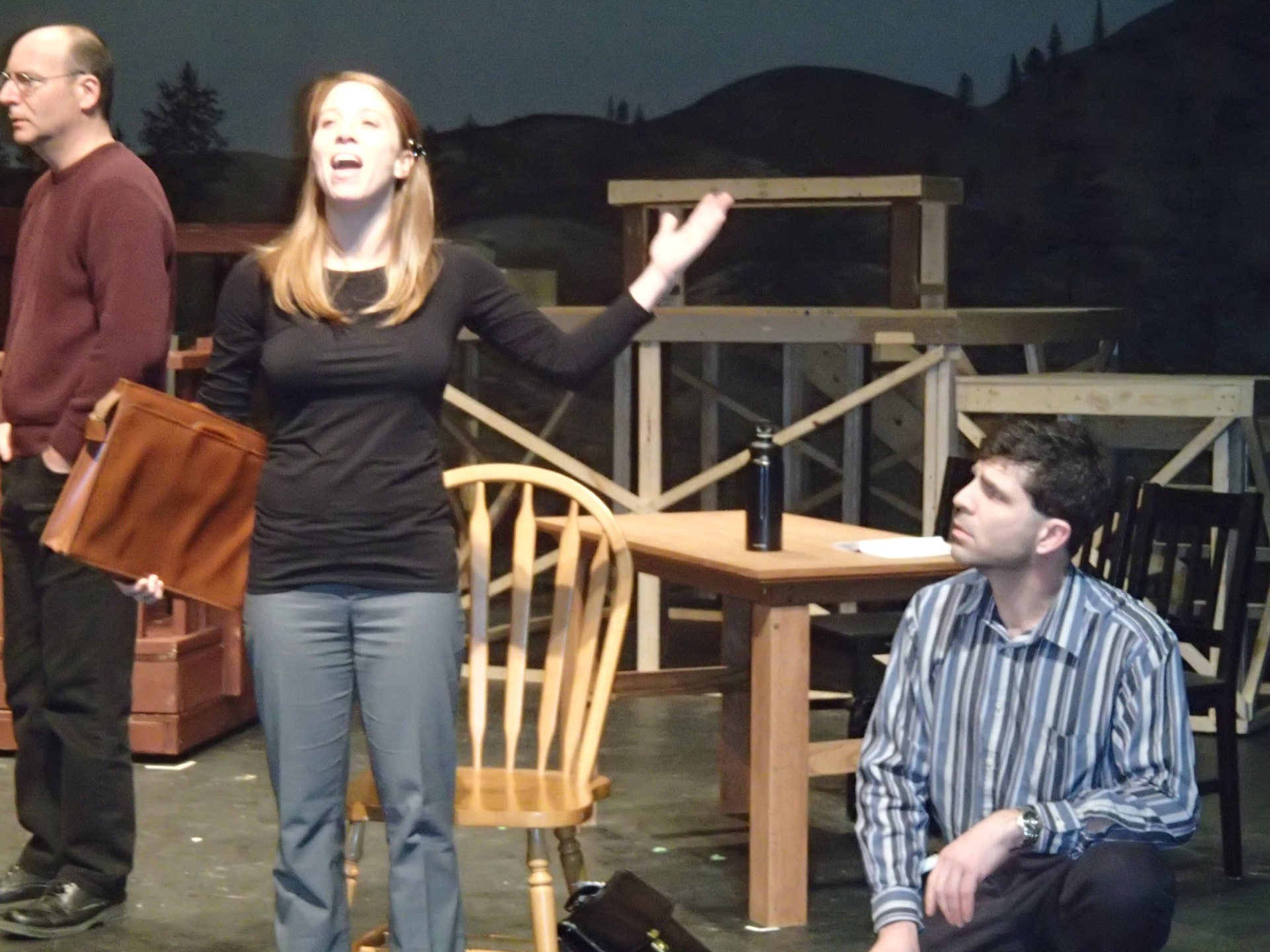 A Few Good Men — James Burrell as Weinberg, Amanda Smith as Galloway and Will van der Zyl as Kaffee rehearsing at Oshawa Little Theatre, 2013