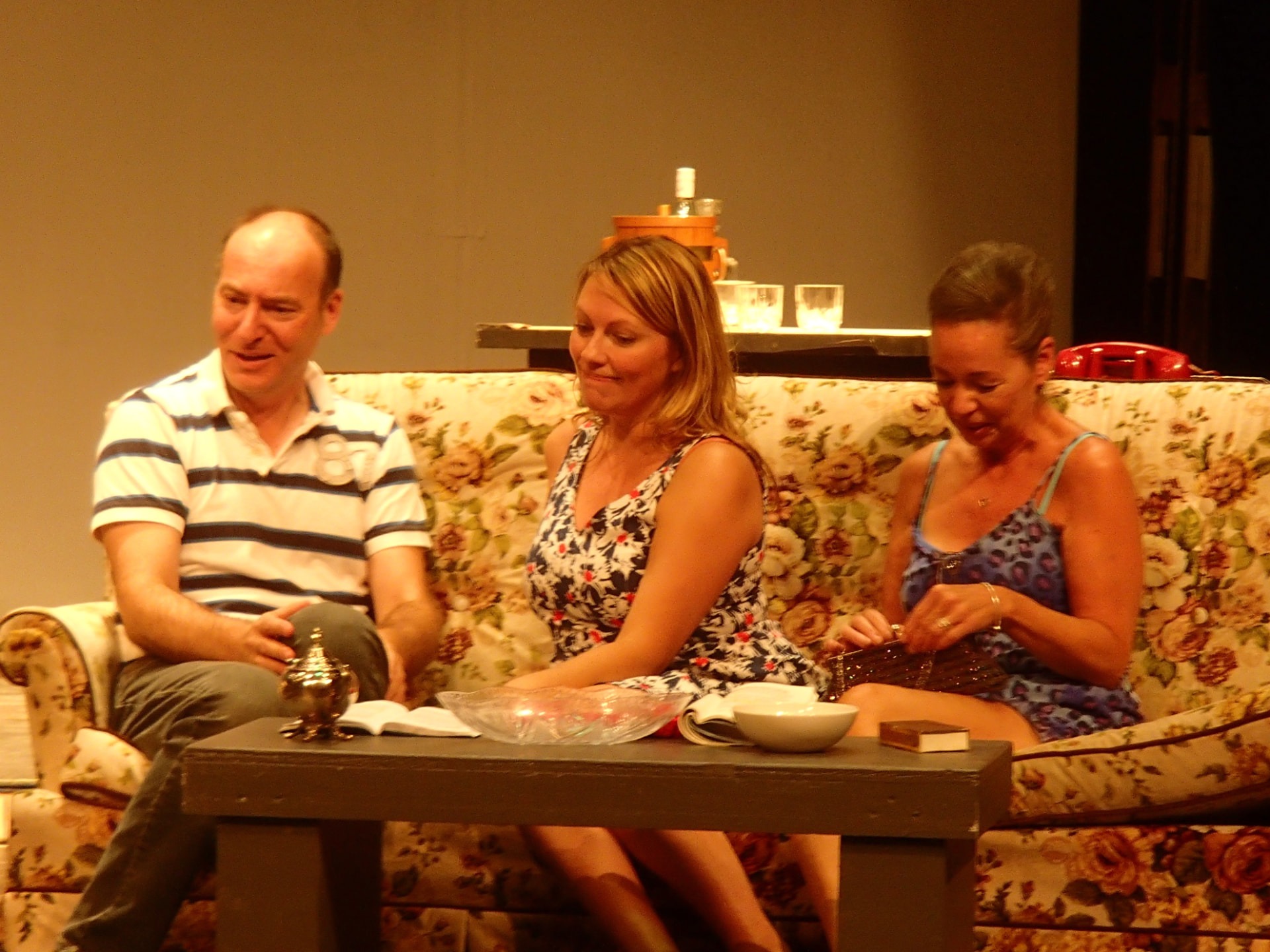 The Odd Couple — James Burrell as Oscar with Tracy McCarten and Shari Thorne as the Pigeon Sisters during rehearsal, Oshawa Little Theatre, 2014